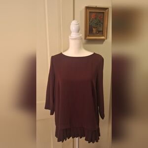 J. Jill Pullover Blouse Plum Purple Dressy Flowy Long Top Pleated Ruffle Bottom